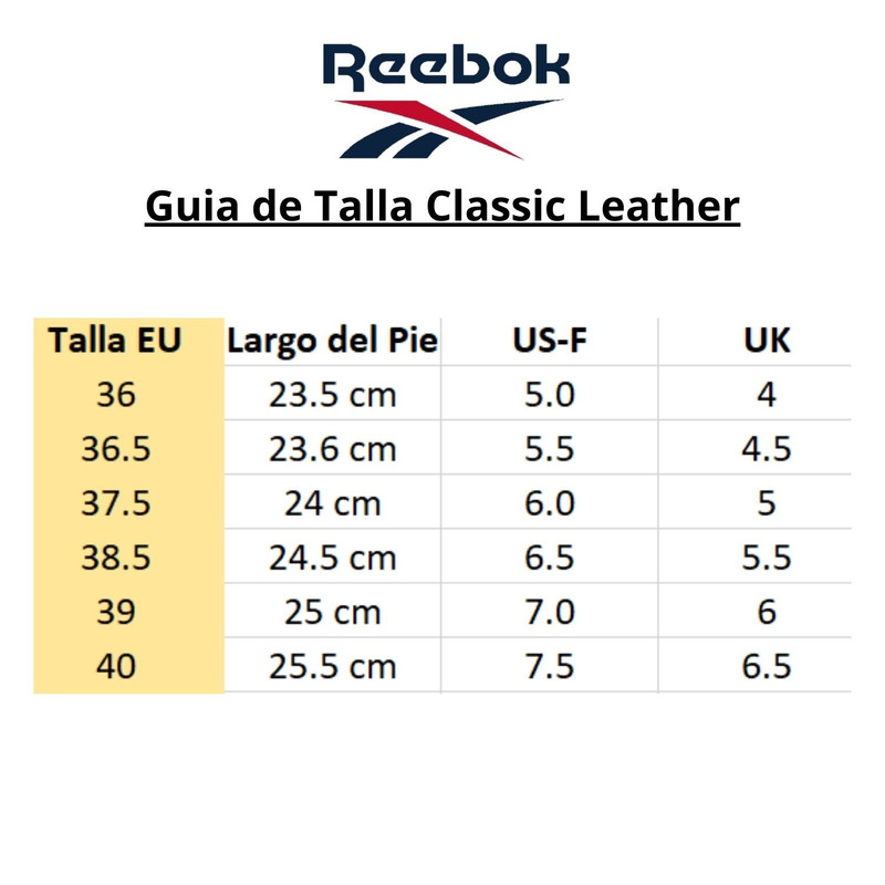 GUÍA TALLA CLASSIC LEATHER REEBOK