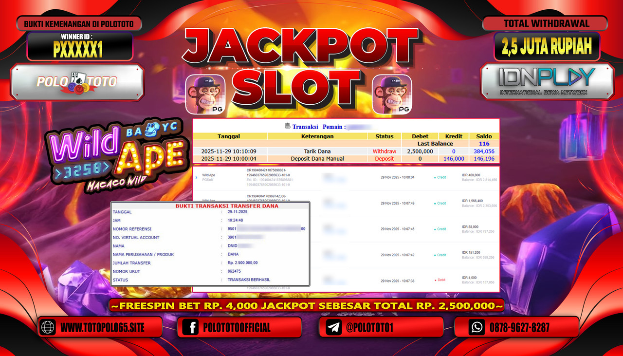 POLOTOTO JACKPOT SLOT WILD APE Rp.2.500.000,- LUNAS