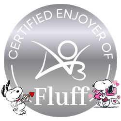 badge with the words 'Certified Enyoyer of Fluff' with logo