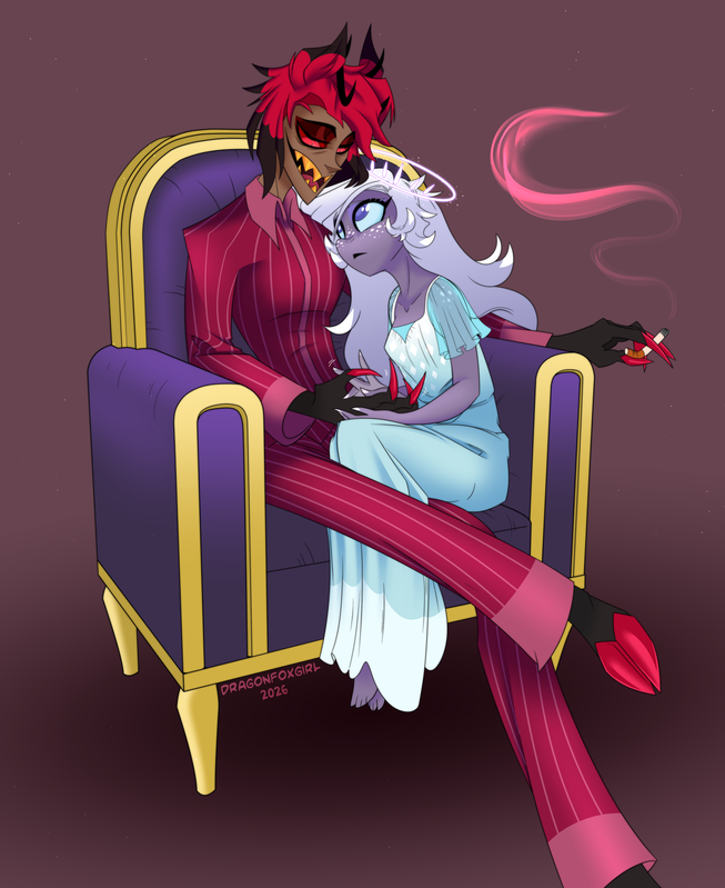 Alastor and Emily cuddled up on a couch.