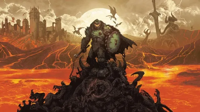 The DOOMSLAYER stares at the camera from atop a pile of corpses.
