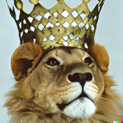DALL·E - 35mm studio photo of a lion wearing a crown, proud to be shown as he actually is
