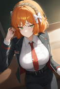 depth of field, 1girl, ishmael (limbus company), short hair, orange hair, {{gree s-2977385156