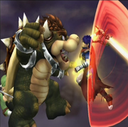 Bowser facing Ike-mid-air, Ike is powered up.