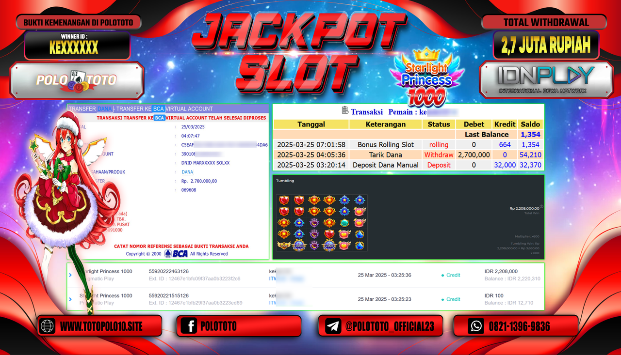 POLOTOTO JACKPOT SLOT STARLIGHT PRINCESS 1000 Rp.2.700.000,-