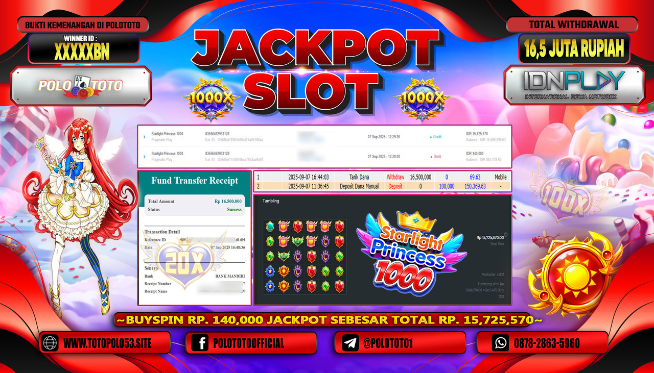 POLOTOTO JACKPOT SLOT STARLIGHT PRINCESS 1000 Rp.16.500.000,-LUNAS