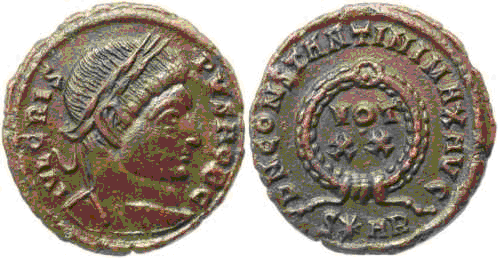 AE3 híbrido, A/ de Crispo y R/ Constantino I, D N CONSTANTINI MAX AG - VOT / X X. 1