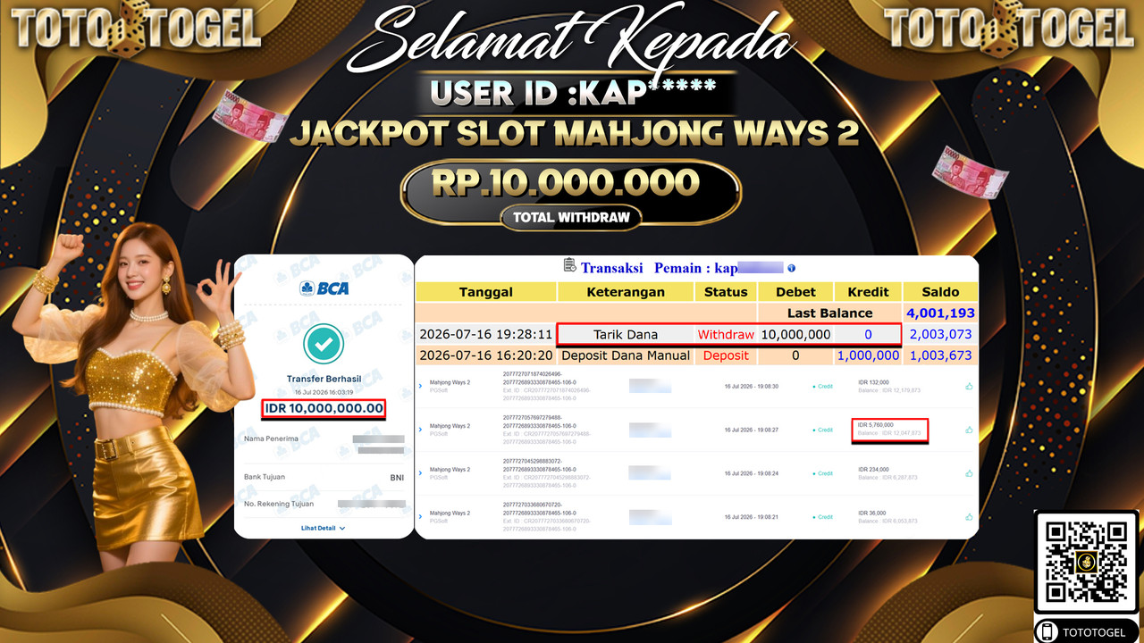 Bukti Pembayaran Jackpot SLOT MAHJONG WAYS 2 ID:KAP****LUNAS