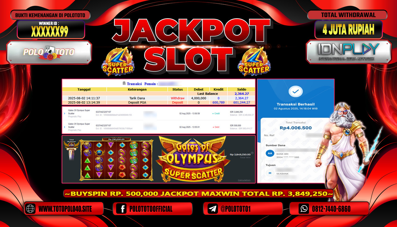 POLOTOTO JACKPOT SLOT GATES OF OLYMPUS SUPER SCATTER Rp.4.000.000,-LUNAS