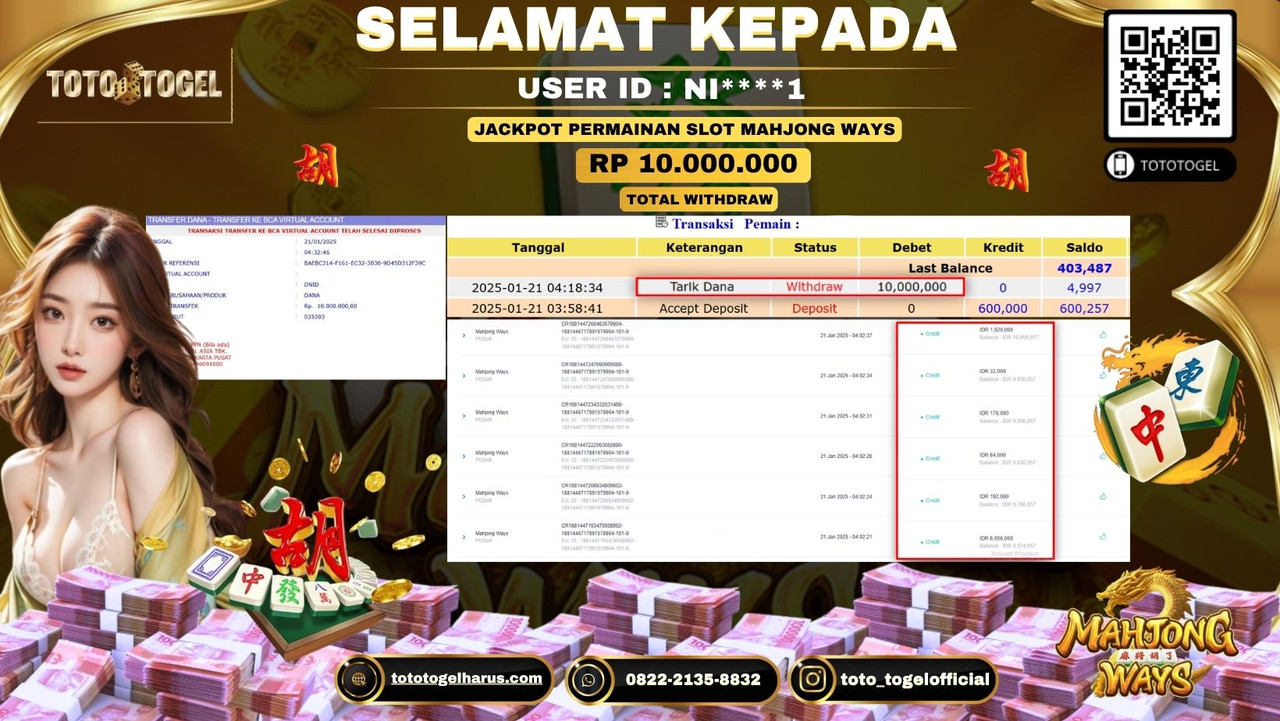 Bukti Pembayaran Jackpot  Permainan Slot Mahjong Ways  ID:NI****1  LUNAS