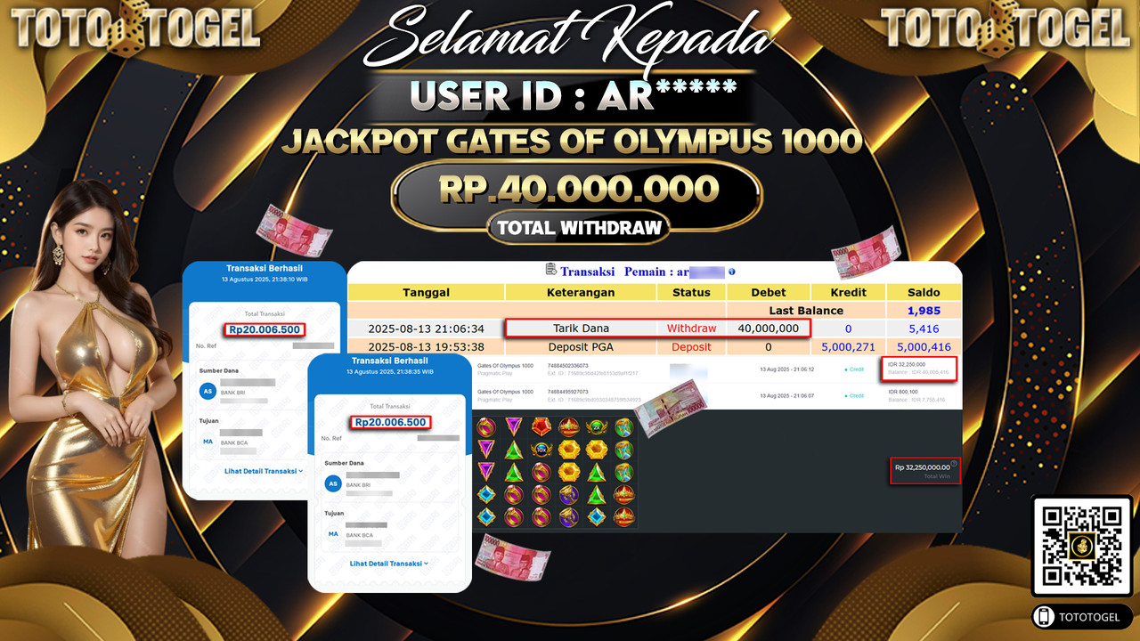 Bukti Pembayaran Jackpot Permainan Slot Gates Of Olympus 1000 ID:AR***** LUNAS