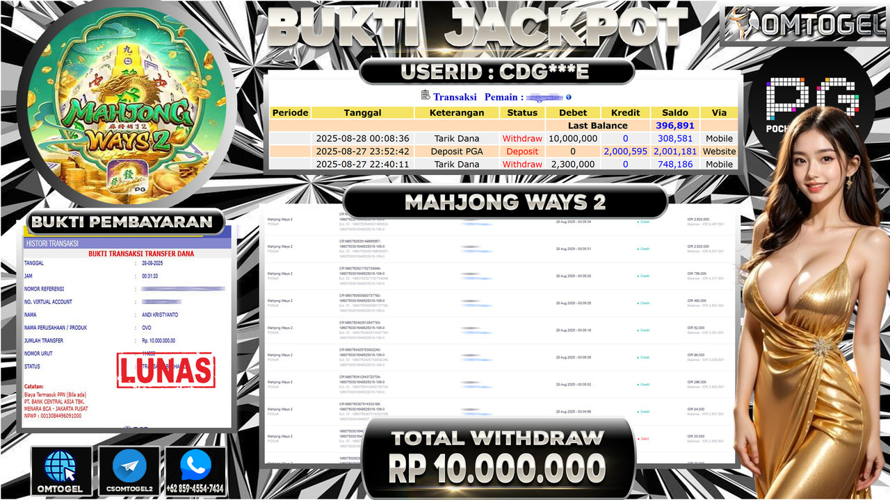 OMTOGEL JACKPOT PGSOFT MAHJONG WAYS 2 10 JUTA DI BAYAR LUNAS ,-