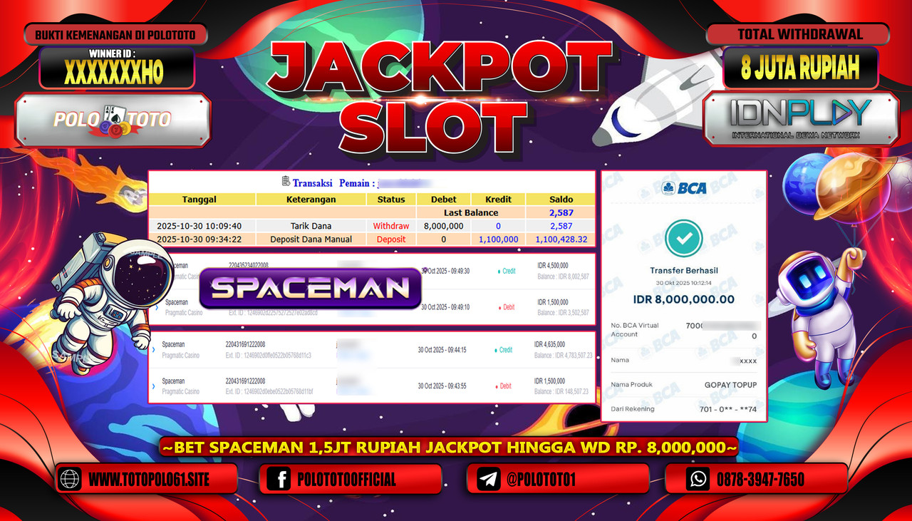 POLOTOTO JACKPOT SLOT SPACEMAN Rp.8.000.000,- LUNAS