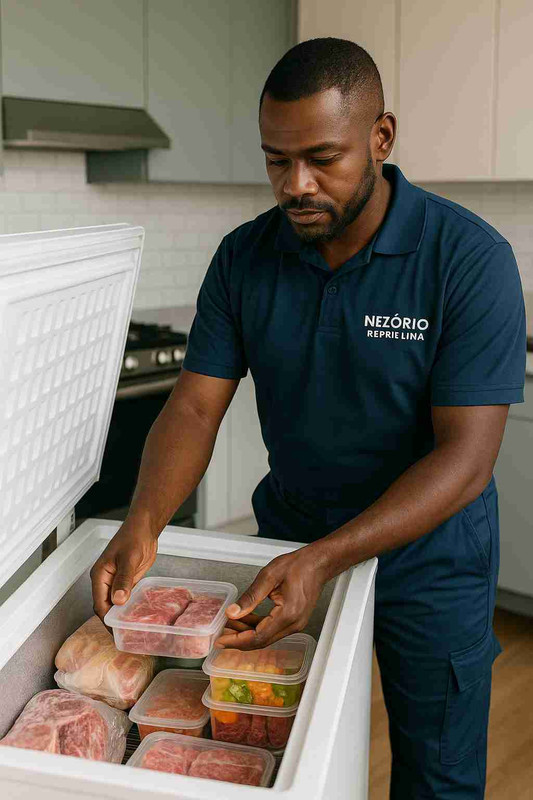 Técnico da Nezório organizando alimentos no freezer