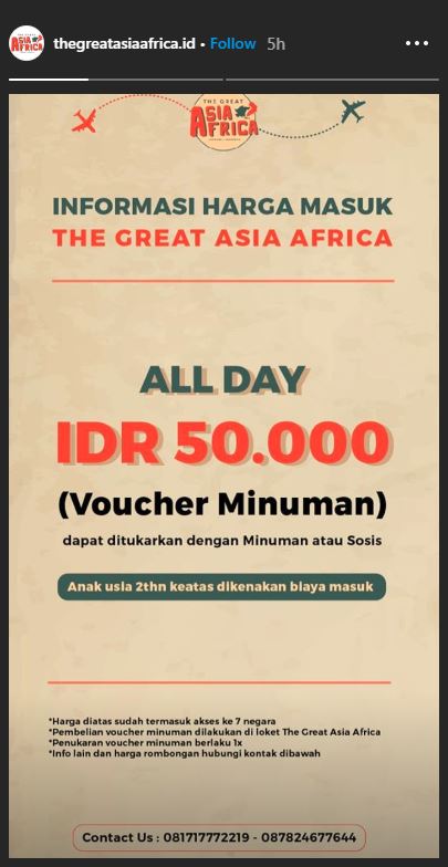 Harga tiket masuk The Great Asia Africa.