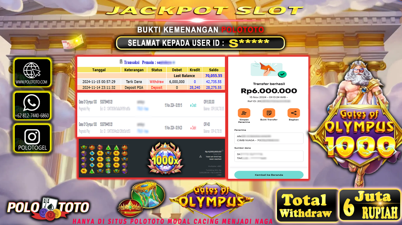 POLOTOTO JACKPOT SLOT GATES OF OLYMPUS 1000 Rp.6.000.000,- 