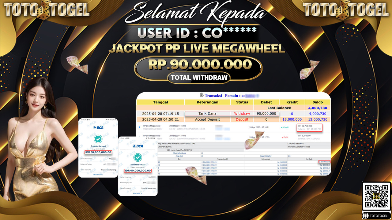 Bukti Pembayaran Jackpot  Permainan Pp Live Megawheel ID:CO***** LUNAS