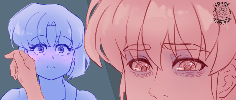 image, akane looks at ranms surprized and blushed, ranma 's hand on her cheeck, ranma has sad eyes looking down on her