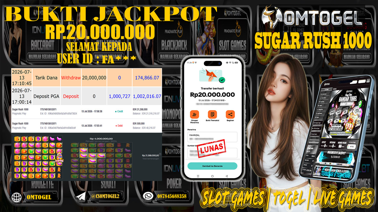 OMTOGEL JACKPOT PRAGMATICPLAY SUGAR RUSH 1000 Rp.20,000,000,- DIBAYAR LUNAS