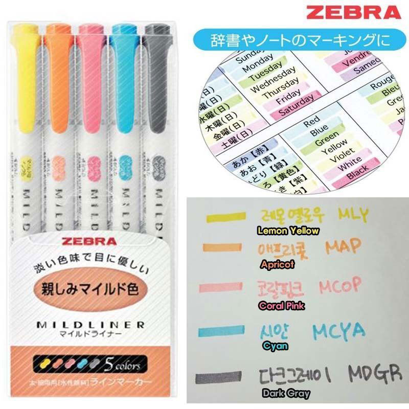 ZEBRA Mildliner Soft Color Double-Sided Highlighter Pen 5-Colors SET WKT7-N-5C