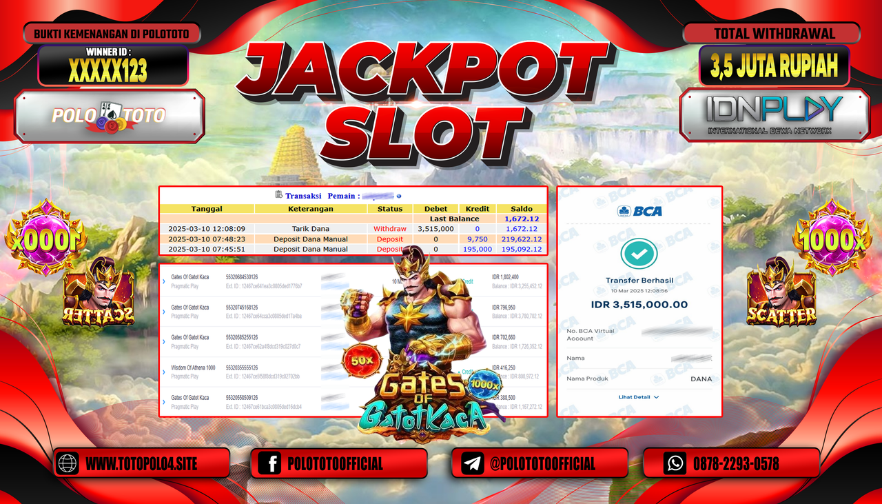 POLOTOTO JACKPOT SLOT GATES OF GATOT KACA Rp.3.515.000,-