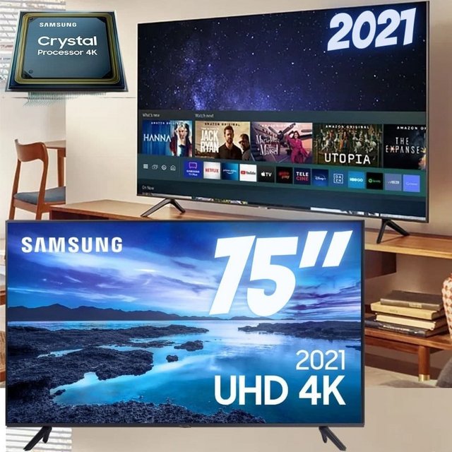 Samsung Smart TV UHD 4K 75″ com Processador Crystal 4K, Controle Único, Alexa Built in e Wi-Fi – 75AU7700