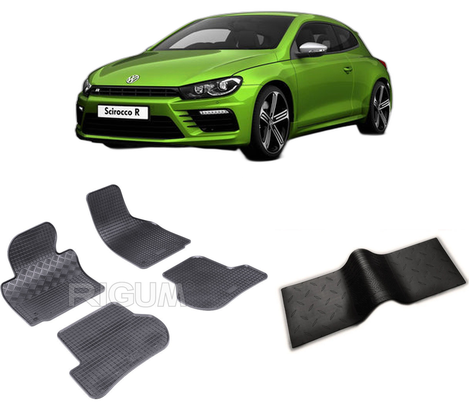 Set covorase auto VOLKSWAGEN SCIROCCO III din 06.2008-2017, cu covoras tunel median, CAROSERIE COUPE, Presuri cauciuc 100%, compatibil cu autoturismul VOLKSWAGEN SCIROCCO III, Rigum