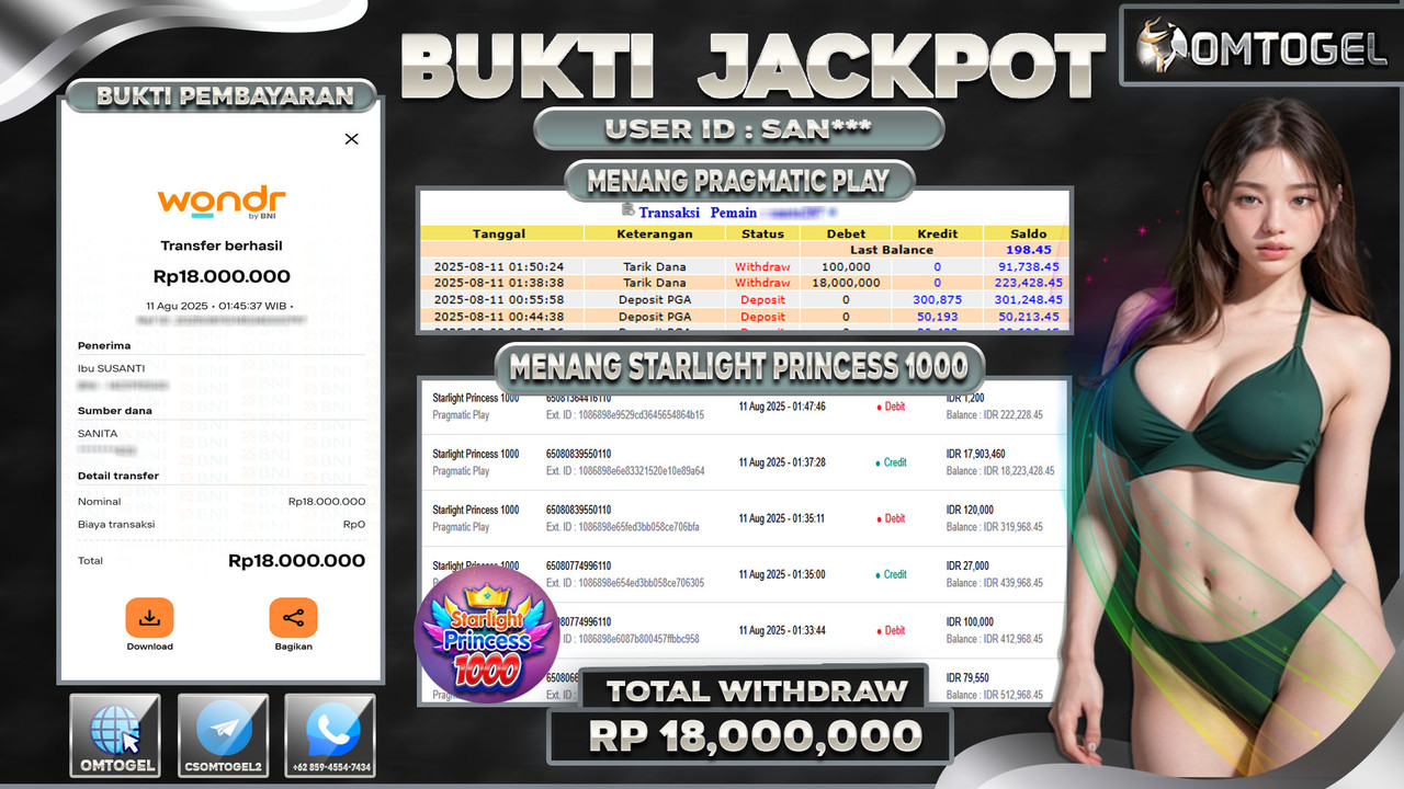 OMTOGEL JACKPOT PRAGMATIC PLAY STARLIGHT PRINCESS 1000 18 JUTA DI BAYAR LUNAS ,-