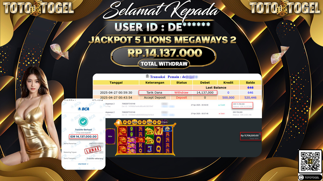 Bukti Pembayaran Jackpot  Permainan Slot 5 Lions Megaways 2 ID:DE***** LUNAS