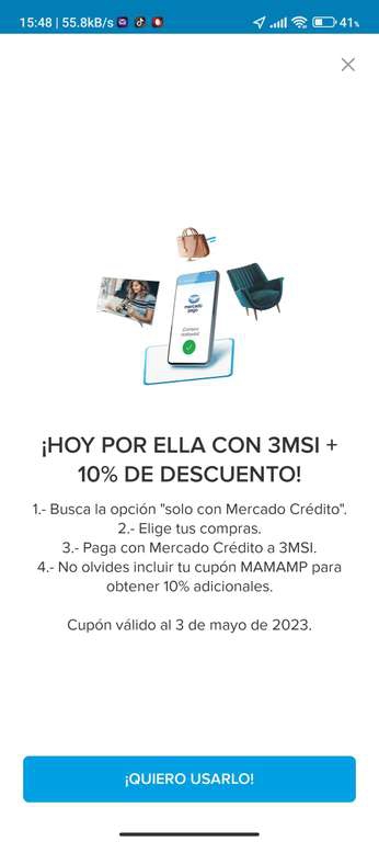 Mercado crédito 3 MSI en compras en tiendas específicas.