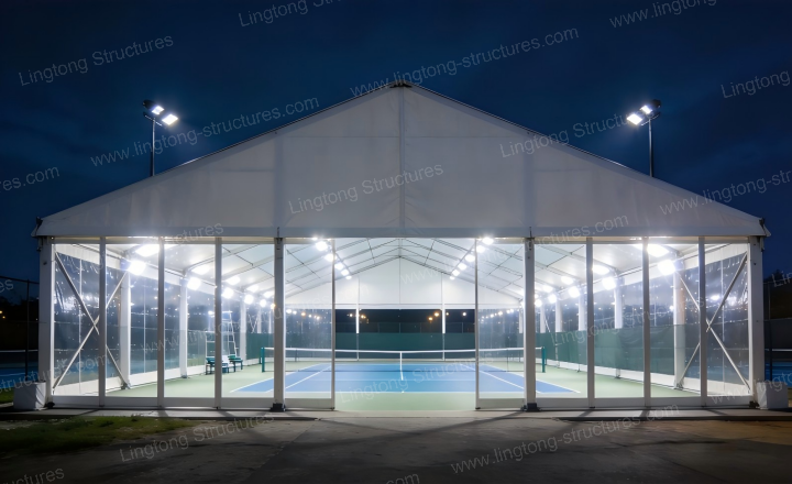 Side-by-side tennis court tent configuration showing multiple court layout