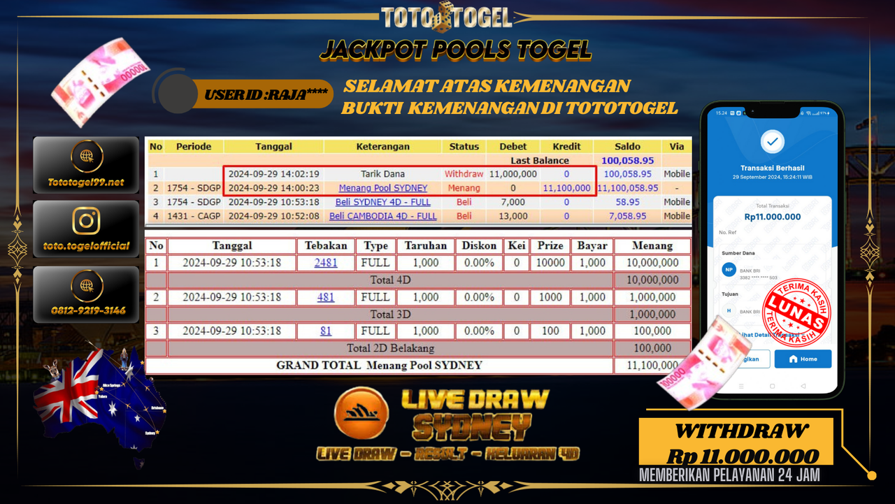 Bukti Kemenangan Permainan Pools Togel Sydney  ID : RAJA** Terbayar Lunas!!