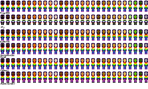 a row of people with pride flag shirts and almost-black purple hair