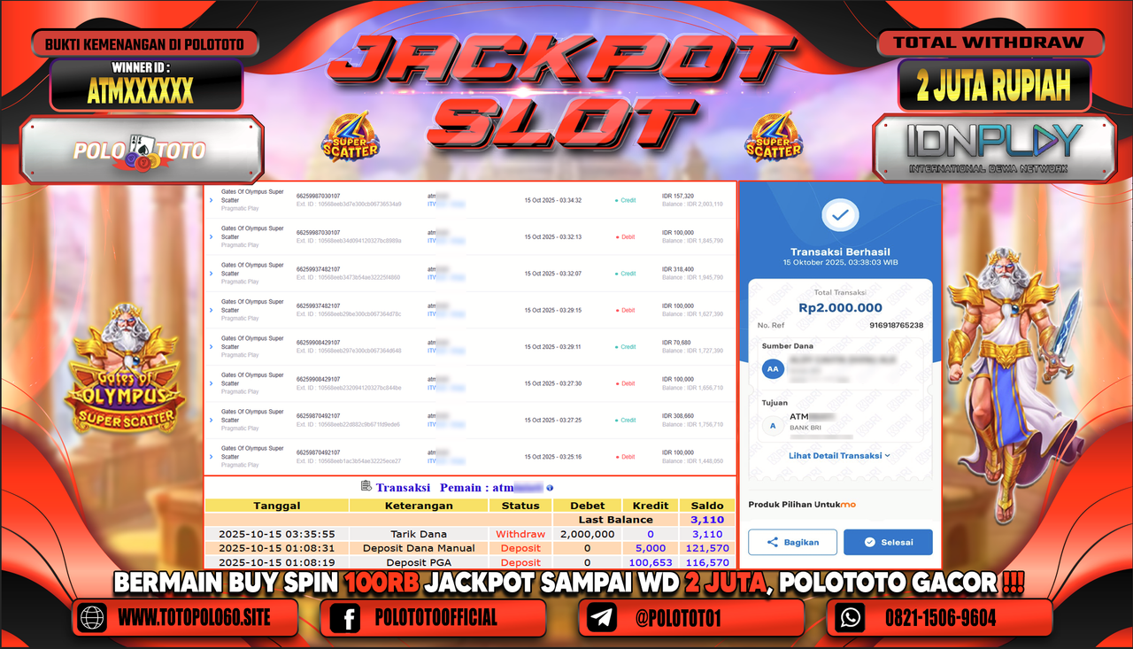 POLOTOTO JACKPOT SLOT GATES OF OLYMPUS SUPER SCATTER Rp.2.000.000,- LUNAS