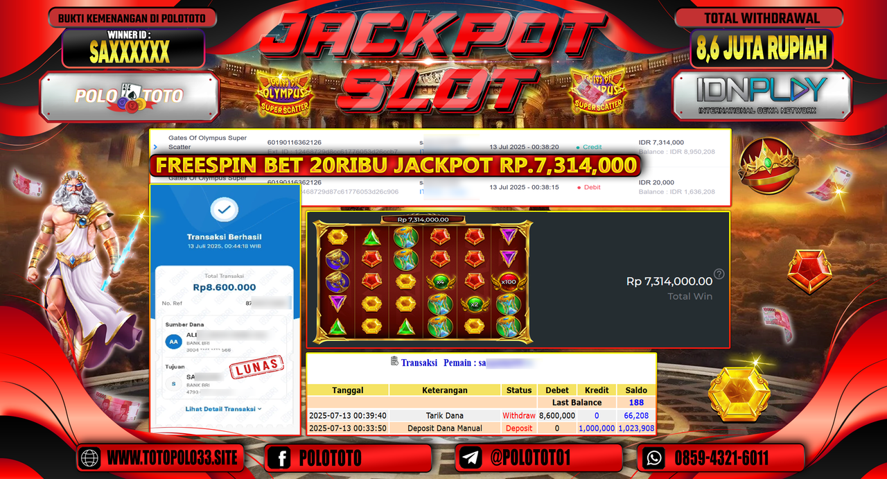POLOTOTO JACKPOT SLOT GATES OF OLYMPUS SUPER SCATTER Rp.8.600.000,-
