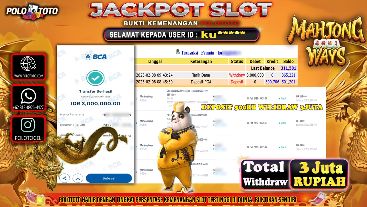 POLOTOTO JACKPOT SLOT MAHJONG WAYS Rp.3,000.000,-
