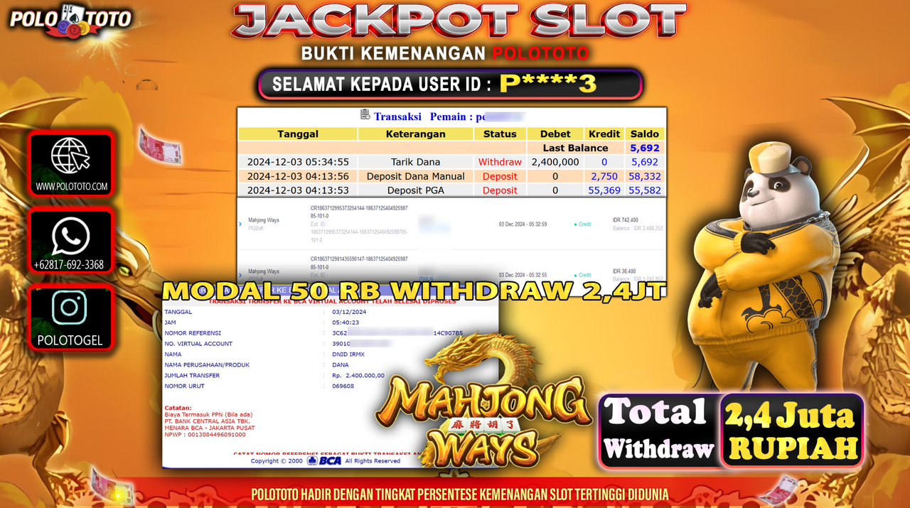 POLOTOTO JACKPOT SLOT MAHJONG WAYS Rp.2,400.000,-