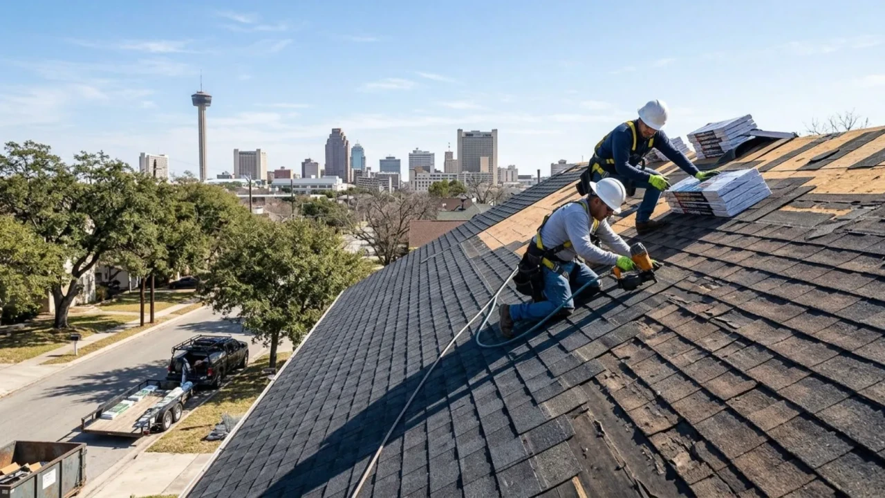 Asphalt shingle roof replacement in progress San Antonio Texas