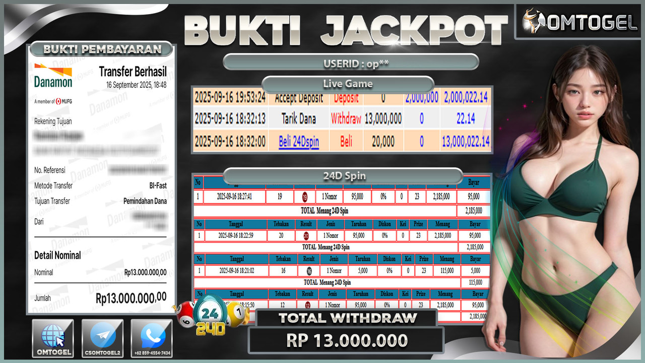OMTOGEL JACKPOT LIVE GAMES 24D SPIN 13 JUTA DI BAYAR LUNAS ,-
