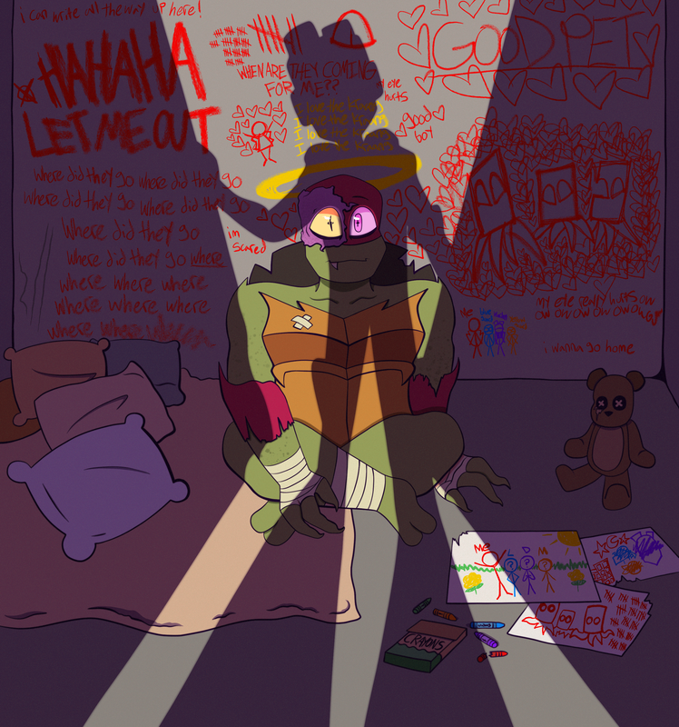 An image of Raph's cell. The walls and floors are grey. In the left corner is a pile of pillows and blankets. On the other side is a teddy bear, a scattered box of crayons, and several pieces of paper with drawings on them; some depicting the family, some depicting the Kraang. Raph sits in the middlecriss-cross applesauce, looking at the viewer. Cast over everything is a shadow of Donnie holding the doorframe. On the wall behind Raph is a mess of insane scribblings.