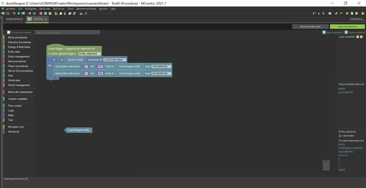 dumbleague C Users ADMIN MCreator Workspaces xuananddoan Testkl (Procedure) MCreator 2021 1 23