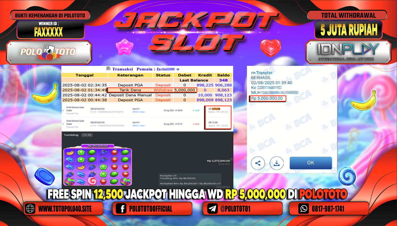 POLOTOTO JACKPOT SLOT SWEET BONANZA SUPER SCATTER Rp.5.000.000,-LUNAS