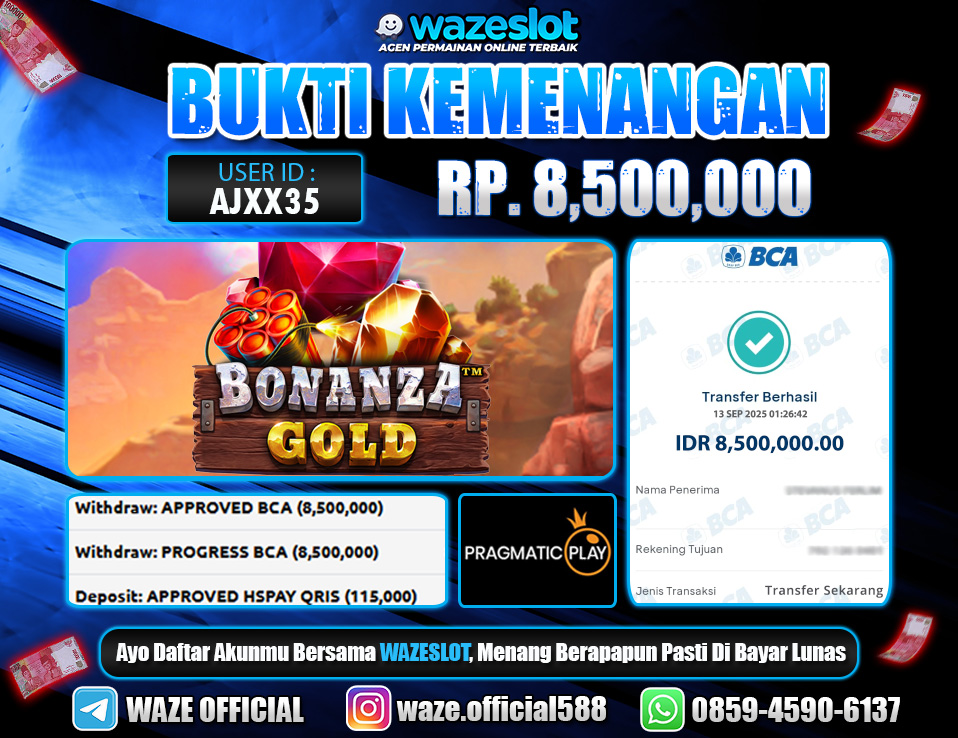BUKTI KEMENANGAN 13 SEPTEMBER 2025 GAME BONANZA GOLD ( PRAGMATIC PLAY )