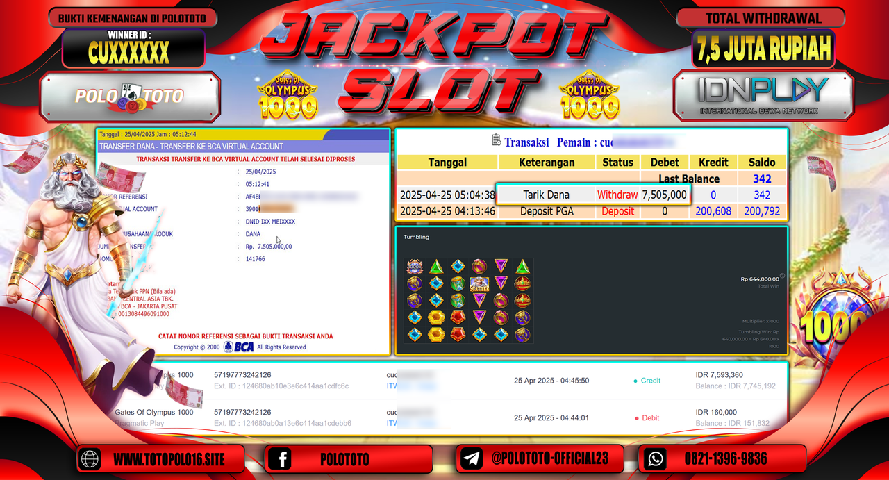 POLOTOTO JACKPOT SLOT GATES OF OLYMPUS 1000 Rp.7.505.000,-
