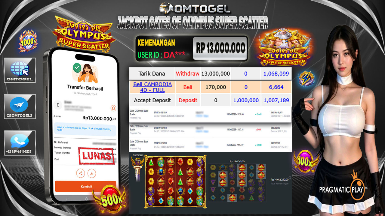 OMTOGEL JACKPOT PRAGMATIC PLAY GATES OF OLYMPUS SUPER SCATTER 13 JUTA DI BAYAR LUNAS ,-