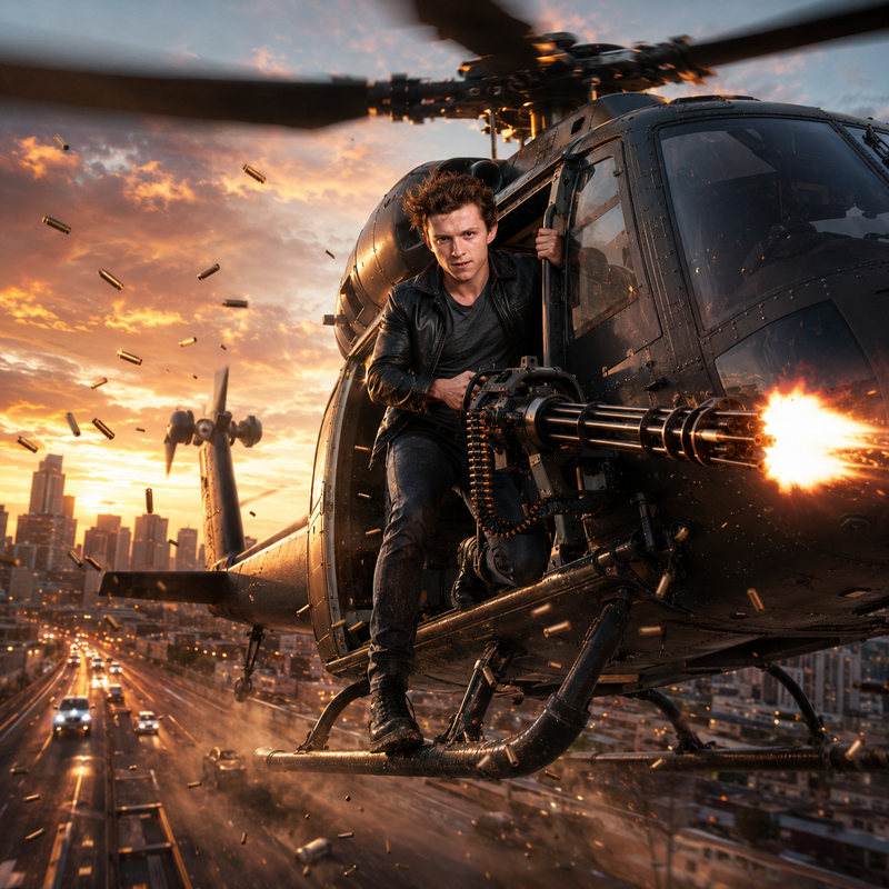 Example result for: Helicopter Gunner: Golden Hour Action Hero Photograph Prompt