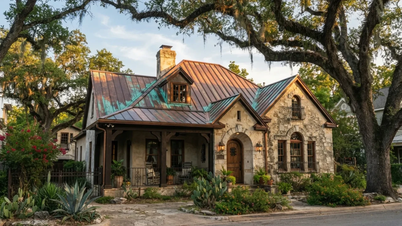 Copper metal roof on a historic San Antonio Texas home showing natural patina development