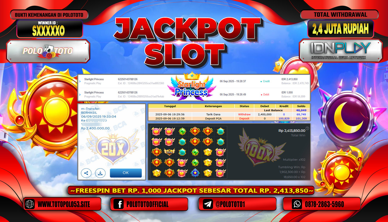 POLOTOTO JACKPOT SLOT STARLIGHT PRINCESS Rp.2.400.000,- LUNAS
