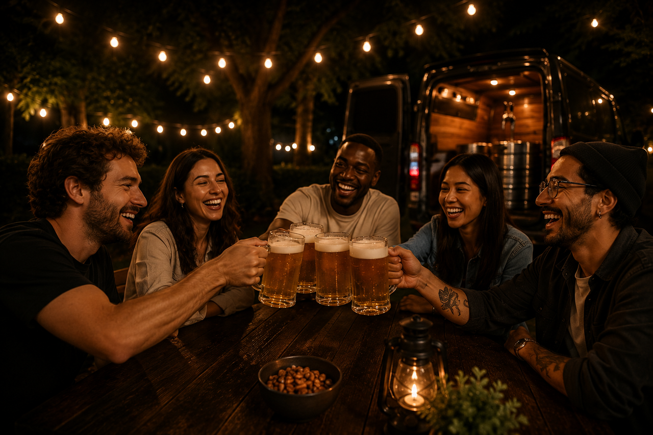 Grupo de amigos brindando com copos de chopp artesanal gelado em festa de churrasco