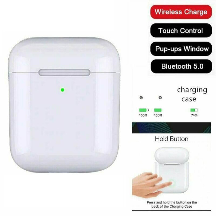 Audífonos Bluetooth i200 TWS en su estuche de carga.